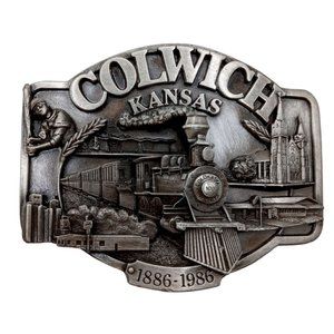 Colwich Kansas Belt Buckle Centennial 1986 Train Locomotive Baseball KS Vintage
